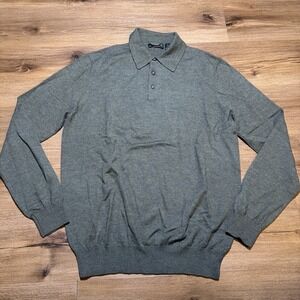 Neiman Marcus Mens LARGE‎ Sweater Polo Wool Silk Cashmere Knit Pullover Olive
